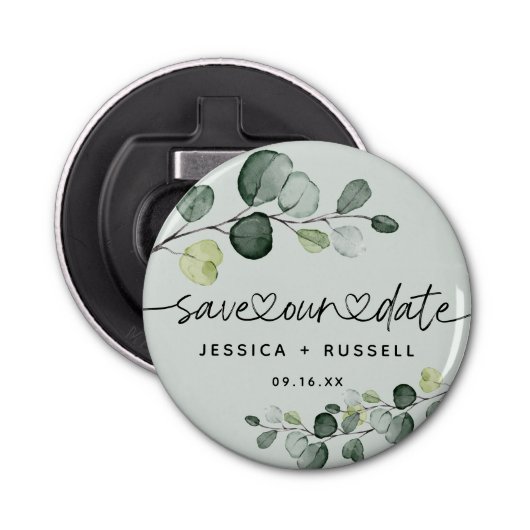Décapsuleur Elégant Eucalyptus Enregistrer notre Mariage Date (Devant)