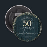 Décapsuleur Élégant Gold 50th Birthday Script<br><div class="desc">Jolie parties scintillant en faux or,  faits saillants sur la bordure supérieure et inférieure. Tout le texte est ajustable et facile à changer pour vos besoins de partie. Grand élégant design modèle 50e anniversaire. arrière - plan texturé en bois bleu.</div>