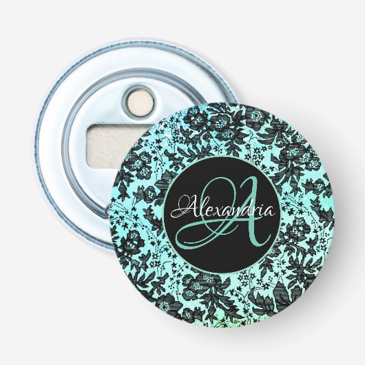 Décapsuleur Élégant Monogramme floral bleu turquoise et noir (Devant)