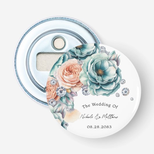 Décapsuleur Faveur de mariage diamant Roses Turquoise et Pêche (Devant)