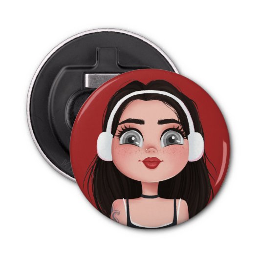 Décapsuleur Fille de dessin avec casque en rouge (Devant)