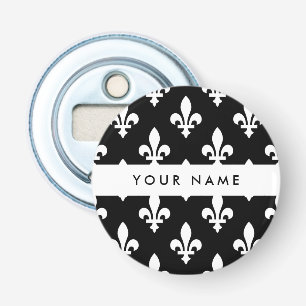 Décapsuleur Fleur de Lis, Blanc sur Noir, Blanc, Votre Nom