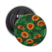 Décapsuleur Fleurs Zinnia orange, feuilles verts sur vert fonc (Devant)