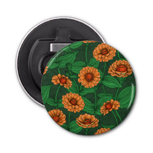 Décapsuleur Fleurs Zinnia orange, feuilles verts sur vert fonc