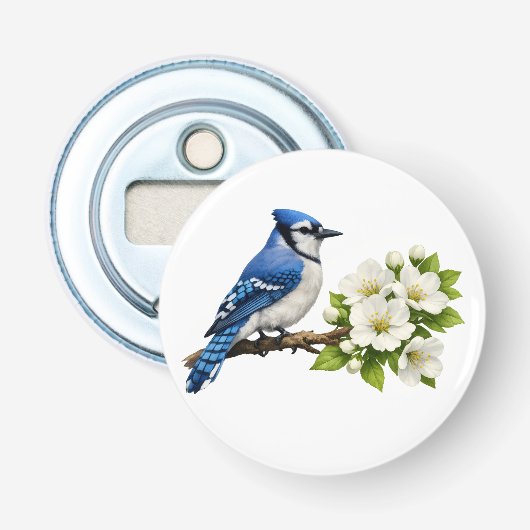 Décapsuleur Geai bleu avec des fleurs blanches (Devant)
