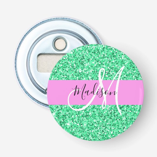 Décapsuleur Glamour Rose et Vert Paillettes Monogramme Nom (Devant)