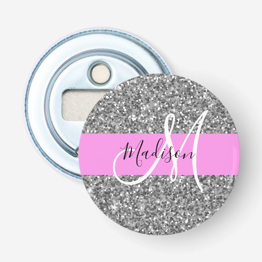 Décapsuleur Glamour Rose & Paillettes Argent Monogramme Nom (Devant)
