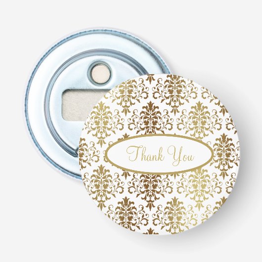 Décapsuleur Gold Damask White Script Mariage Élégant Merci (Devant)
