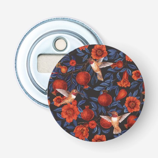 Décapsuleur Grenade et colibris/feuilles bleus sur noir (Devant)