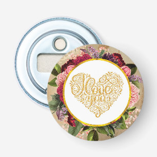 Décapsuleur I Love You Fancy Golden Heart with Floral Frame