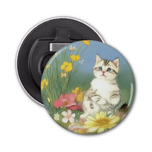 Décapsuleur Illustration de Kitten vintage avec Fleurs Jaunes