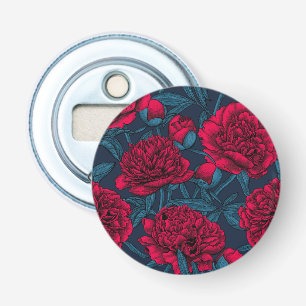 Décapsuleur Jardin de pivoine rouge sur bleu foncé