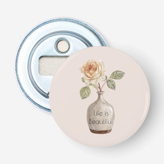Décapsuleur Jolie Fleur de Rose Pêche dans un Vase   (Devant)