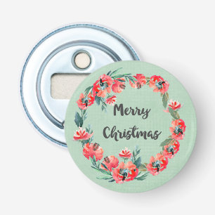 Décapsuleur Joyeux Noël Rouge Floral Aquarelle Wreath