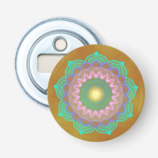 Décapsuleur Mandala Coloré sur Fond Doré (Devant)