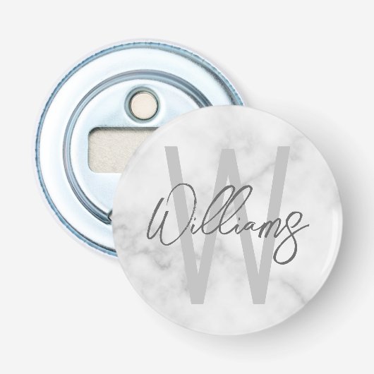 Décapsuleur Marbre blanc Script Monogramme personnalisé et nom (Devant)