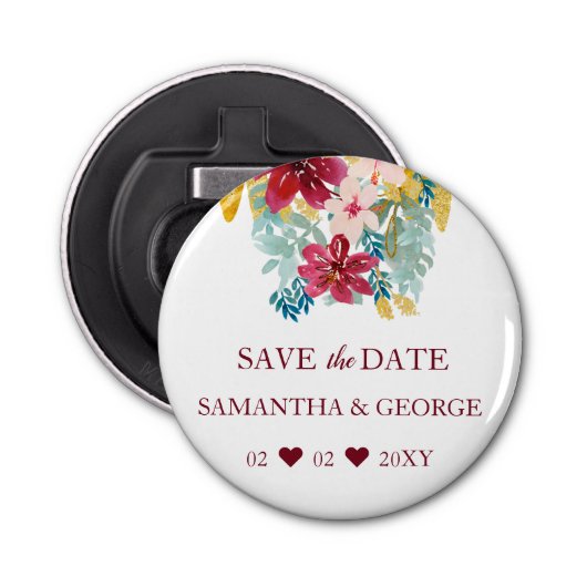 Décapsuleur Mariage Botanique Floral Or Marsala Bourgogne (Devant)