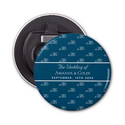 Décapsuleur Mariage de couple de monogrammes blancs bleu marin (Devant)