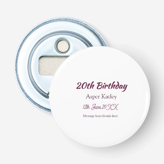 Décapsuleur Message simple nom date rose violet pour 20e anniv (Devant)