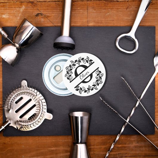 Décapsuleur Modern Black Floral Wreath Split Monogram "O"