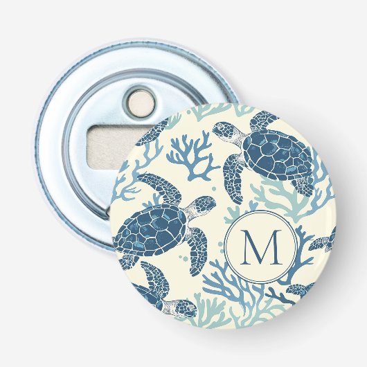 Décapsuleur Monogramme de tortues marines bleues et crémeuses (Devant)