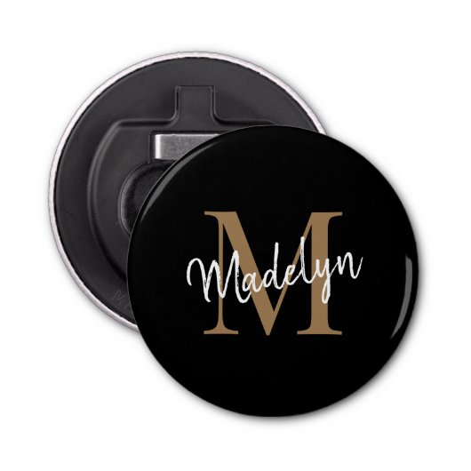 Décapsuleur Monogramme d'or noir moderne Élégant Script fémini (Devant)