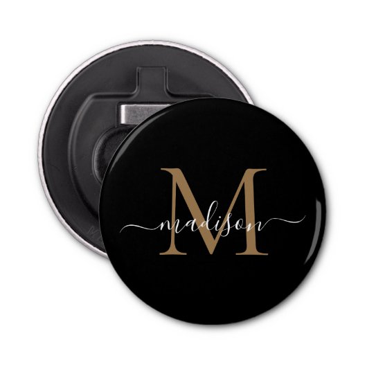 Décapsuleur Monogramme d'or noir moderne Élégant Script fémini (Devant)