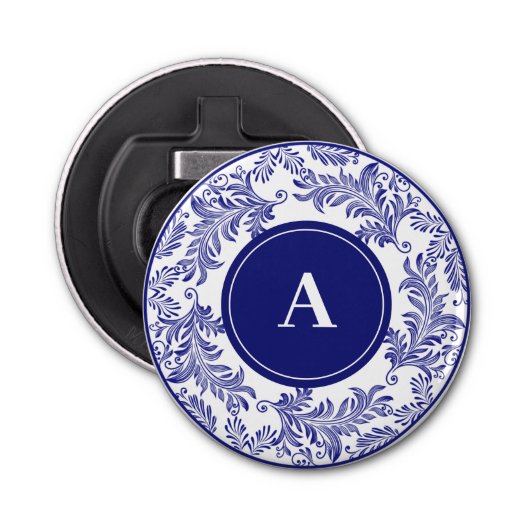 Décapsuleur Monogramme Motif bleu et blanc classique initial (Devant)