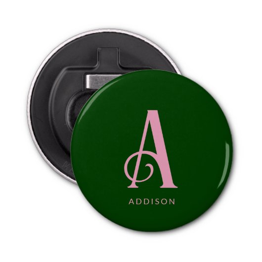 Décapsuleur Monogramme rose élégant Nom initial Vert foncé (Devant)