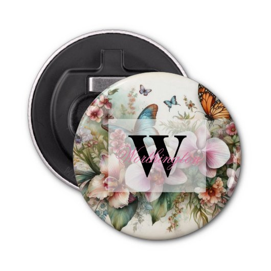 Décapsuleur Nom du monogramme Fleurs tropicales Aquarelle feui (Devant)