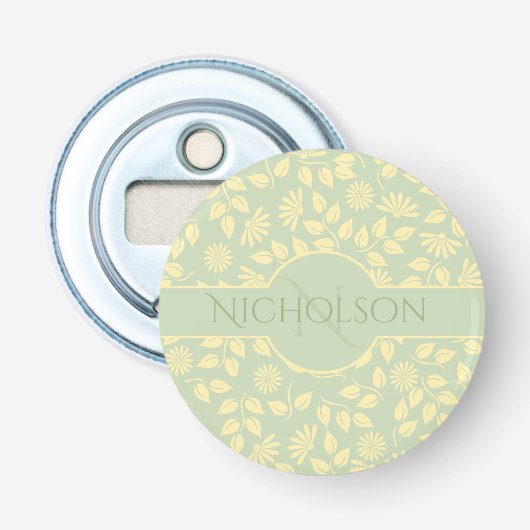 Décapsuleur Nom du monogramme Leaf Daisy Motif Pastel Green (Devant)
