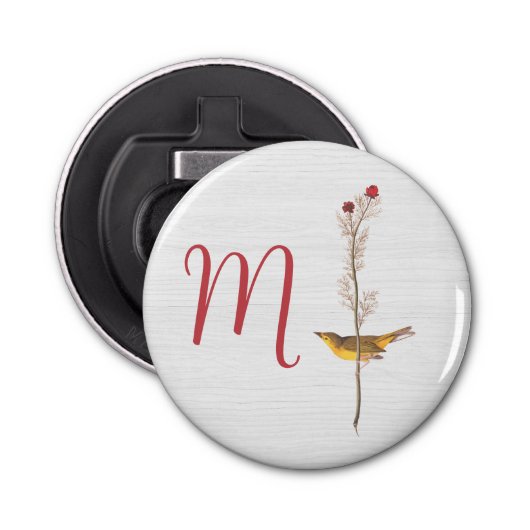 Décapsuleur Oiseau jaune d'Audubon sur fleur avec monogramme (Devant)
