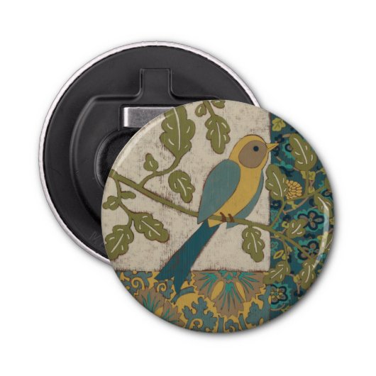 Décapsuleur Oiseau jaune et bleu Turquoise perché sur une bran (Devant)