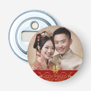 Décapsuleur Or floral chinois rouge mariage photo double xi