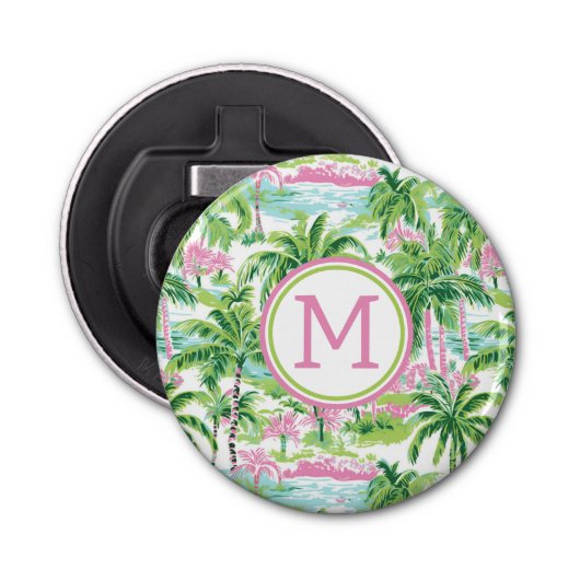 Décapsuleur Palmiers tropicaux rose et vert de Preppy Monogram (Devant)