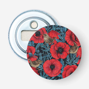 Décapsuleur Pavot rouge et brunes, feuilles bleus sur noir