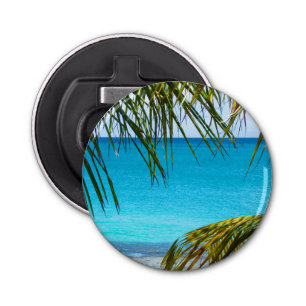 Décapsuleur Plage tropicale encadrée de palmiers