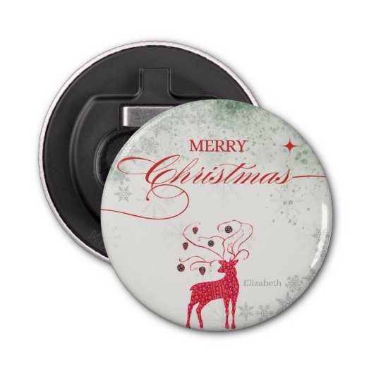 Décapsuleur Red Reindeer Silver Snowflakes Green Christmas (Devant)
