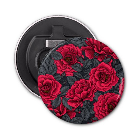 Décapsuleur Roses rouges avec feuilles gris sur noir (Devant)