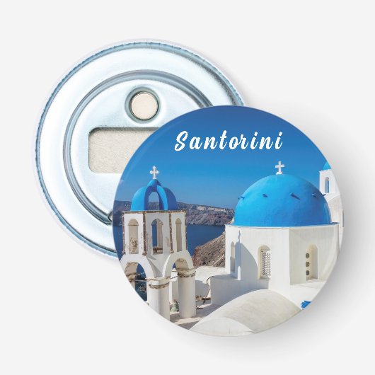 Décapsuleur Santorin avec une église bleue et blanche (Devant)
