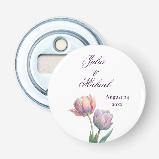 Décapsuleur Suite de mariage aux tulipes pastel avec typograph (Devant)