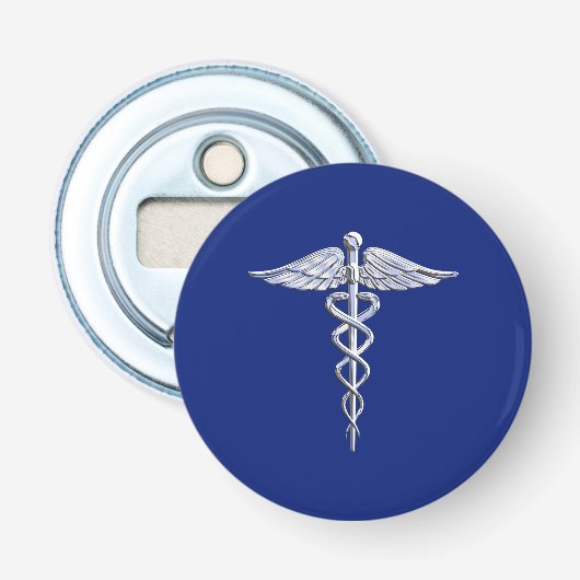 Décapsuleur Symbole Médicale Chrome Argent sur bleu marine (Devant)