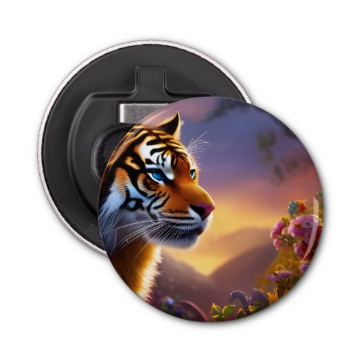 Décapsuleur Tigre bleu et fleurs roses (Devant)