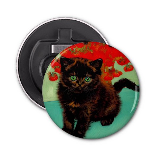 Décapsuleur Van Gogh Chat noir Fleurs rouges (Devant)