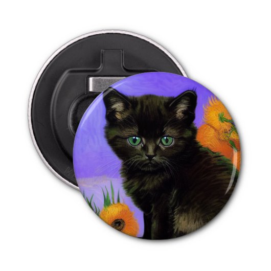 Décapsuleur Van Gogh Kitten noir avec des tournesols (Devant)