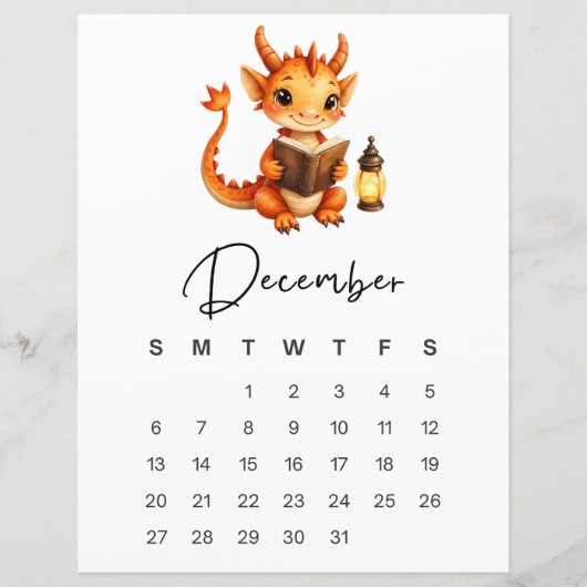 December Baby Dragon Art Print Whimsical Calendar  (Voorkant)