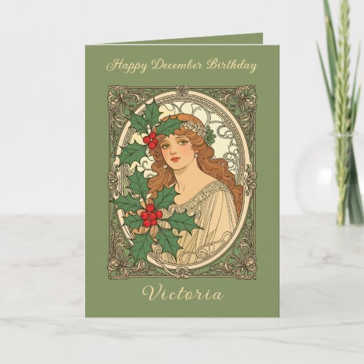 December Birthday Art Nouveau Holly Berries Kaart (Voorkant)