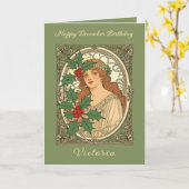 December Birthday Art Nouveau Holly Berries Kaart (Gele Bloem)