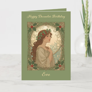 December Verjaardag Hulstbessen Art Nouveau Stijl Kaart