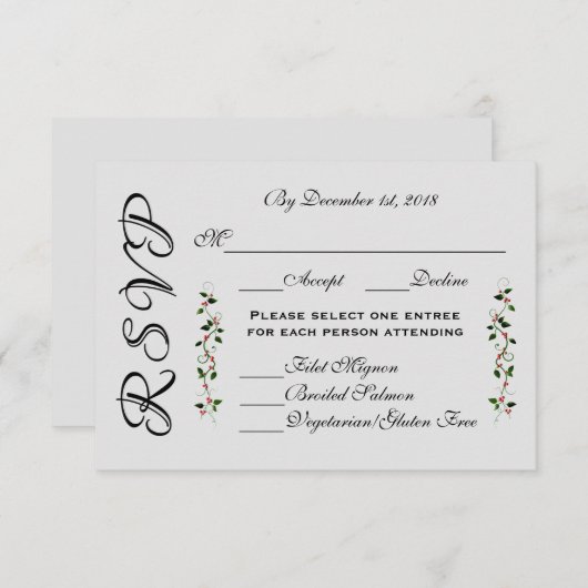 Décembre Mariage Fête RSVP Réponse Menu (Devant / Derrière)